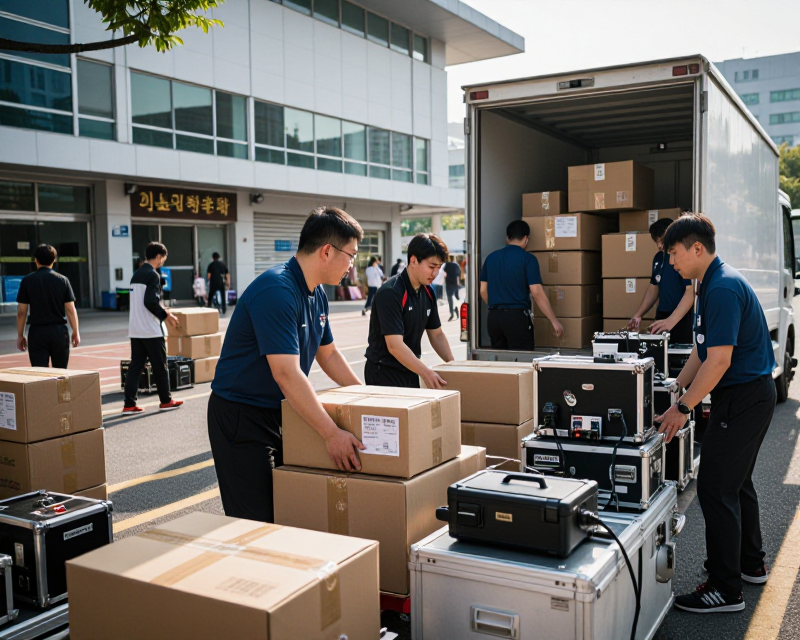 Sports officials moving equipment