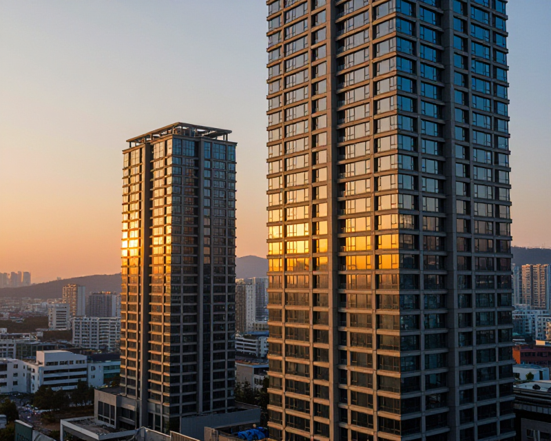 Modern Korean Apartment Complex at Sunset
