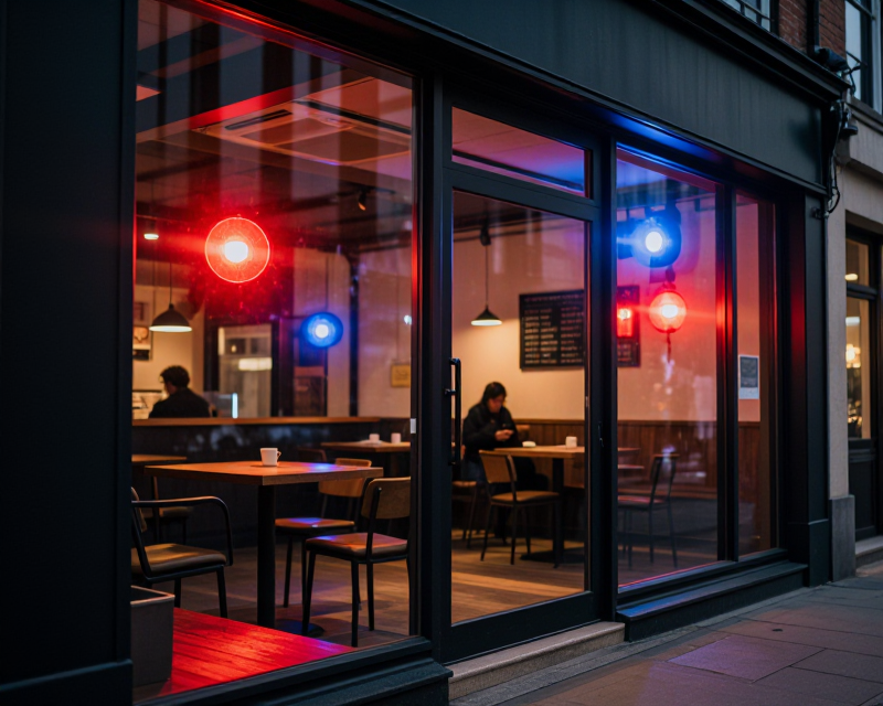 Police lights reflecting on coffee shop